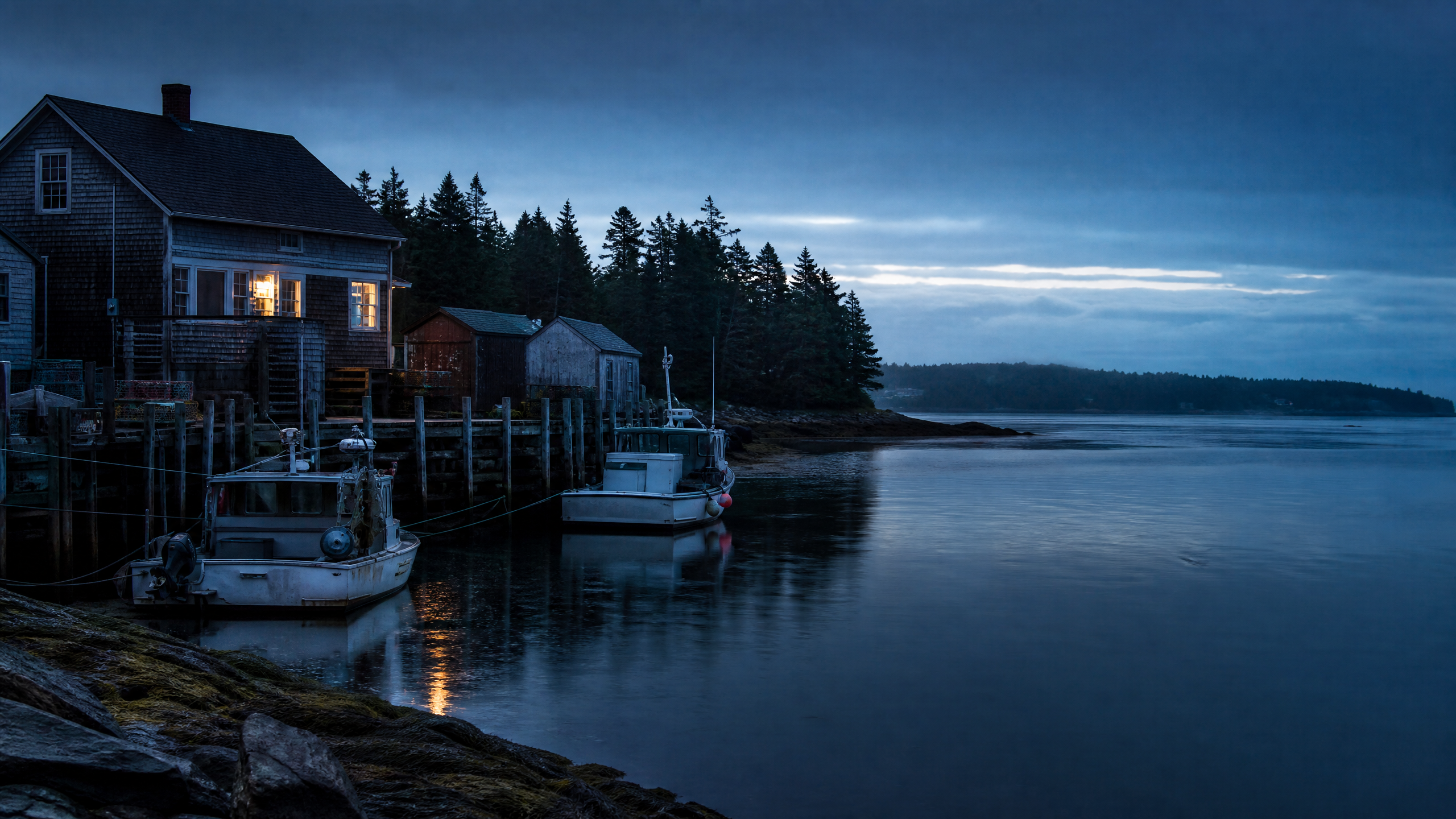 A quiet coastal harbor at blue hour