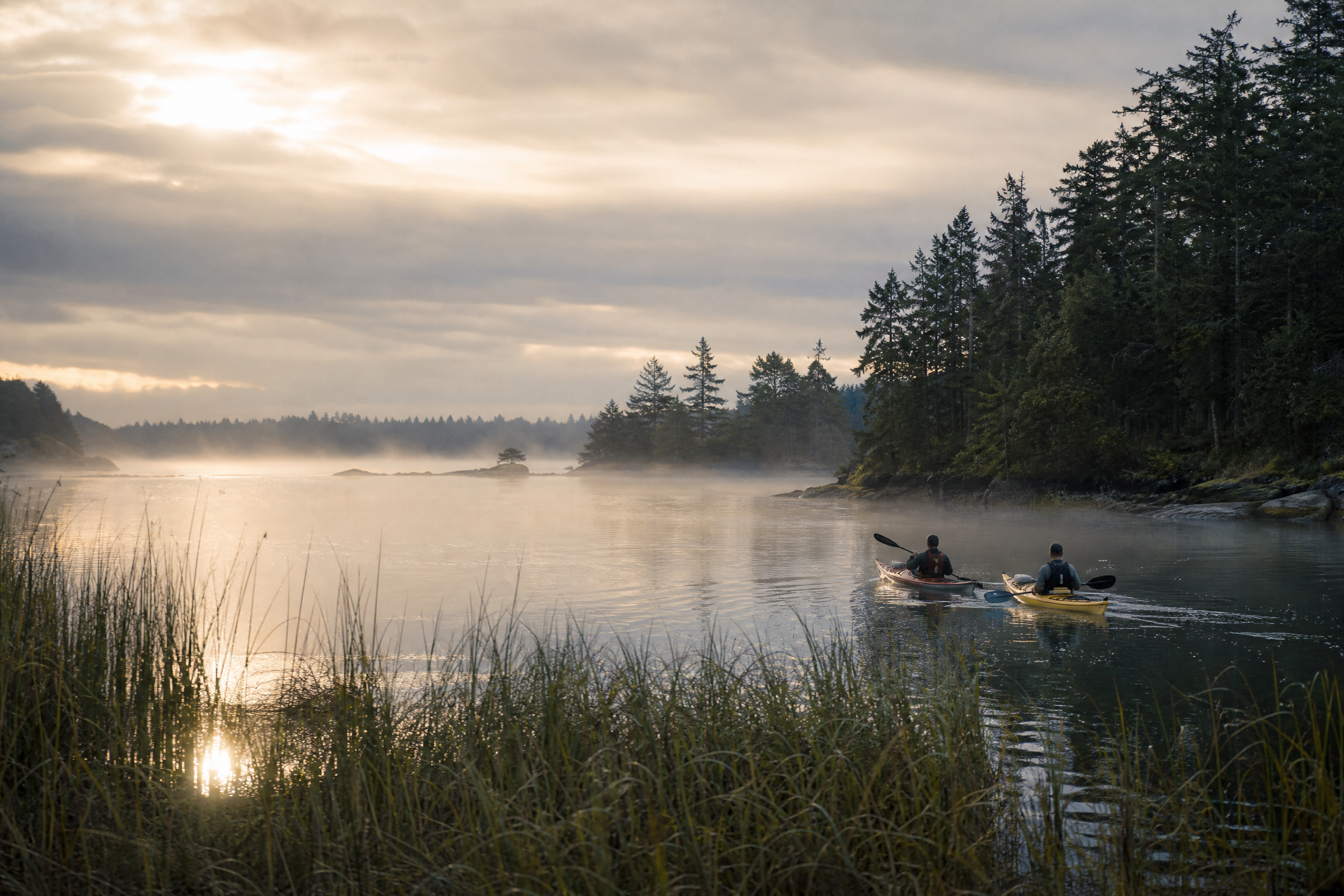 Two kayakers moving through a quiet coastal inlet